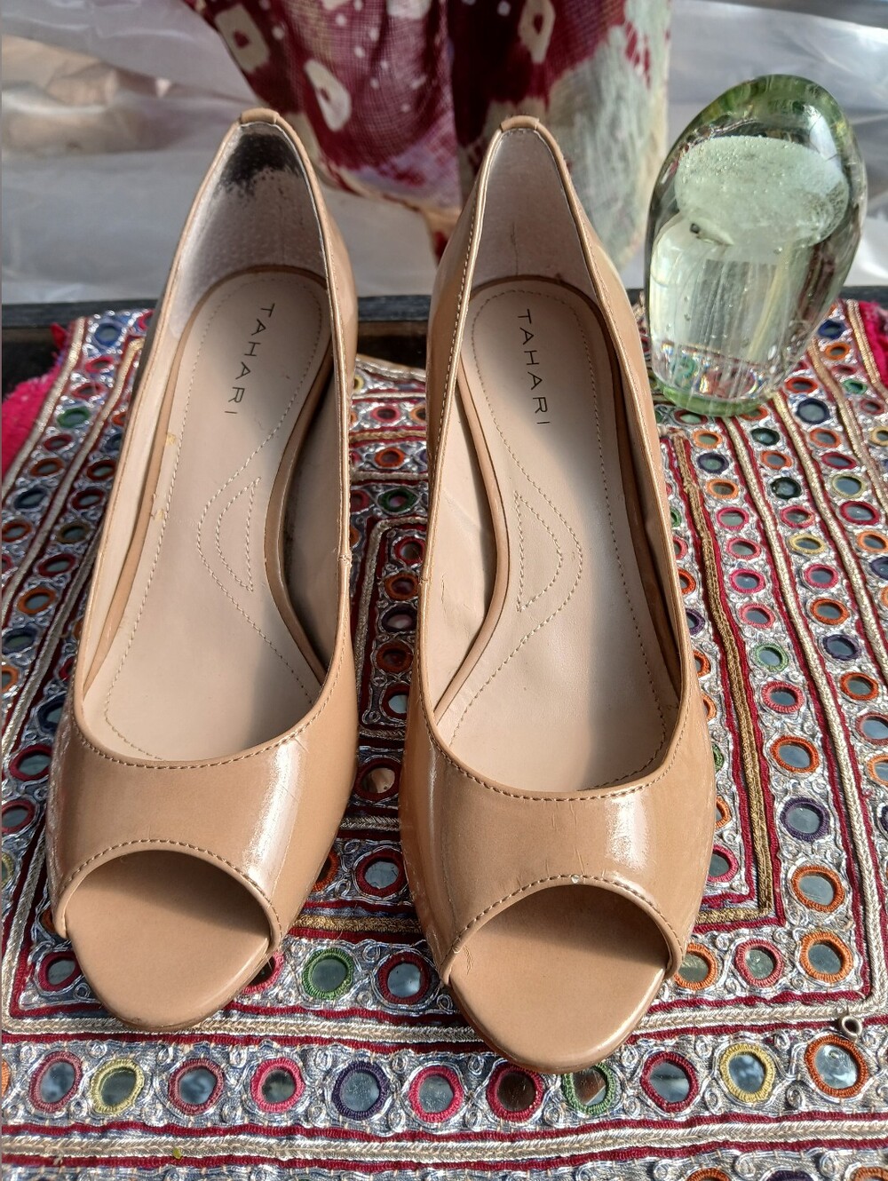 Tahari Nude Patent Peep-Toe Heels